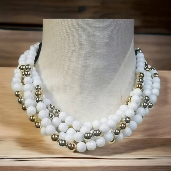 Vintage 1950s Mid Century Choker Beaded Gold & Silver Tone Multi-Strand Necklace - Picture 2 of 15